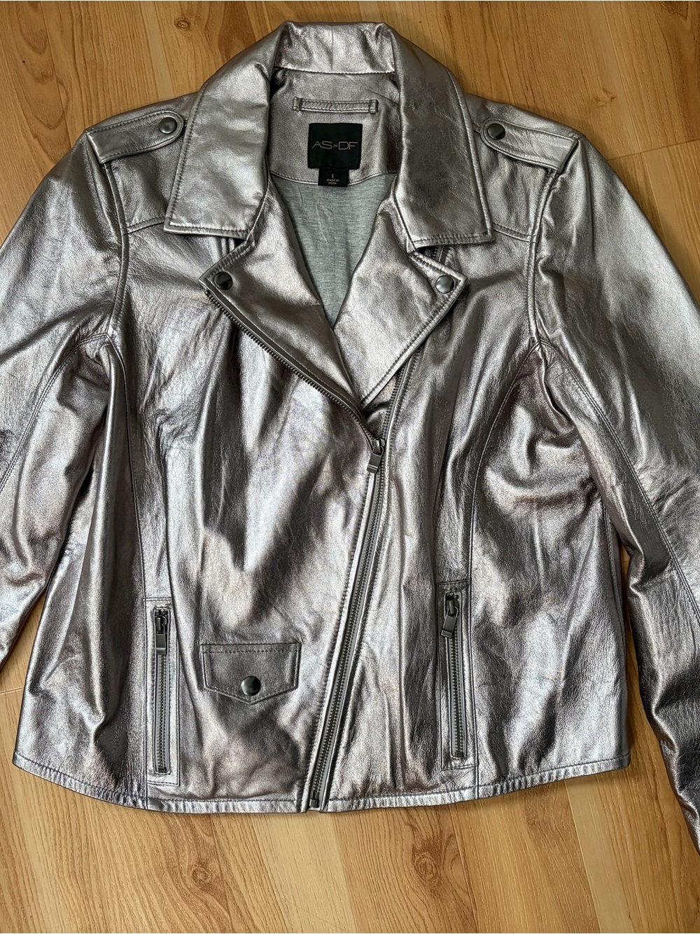 Large Women's ASbyDF Metallic Silver Leather Jacket